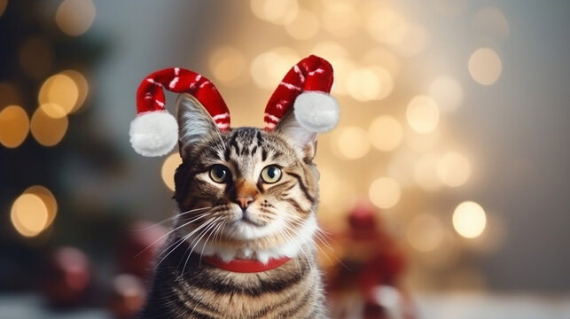 Playful Cat Dressed as a Reindeer with Festive Antlers , Christmas, bokeh, wide banner with copy space area  