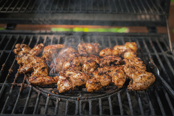 Chicken wings on the barbecue grill close up background.