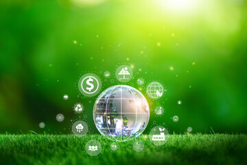 Glass globe in green forest with the icon environment of ESG, co2, circular company, and net zero. Technology Environment, sustainable business on green company Concept.