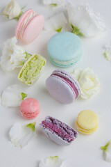 Top view Set Beautiful colorful French macaroons and flowers. Spring Flat lay white background