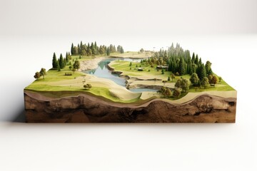 3D model cross section of land and river See the soil layers, rock layers, and underground water passages