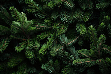 Fototapeta na wymiar Lush Evergreen Branches Creating a Vibrant Christmas Tree Background , Christmas tree branches background, top view Generative AI
