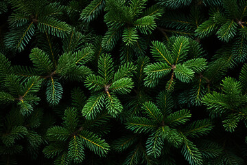 Lush Evergreen Branches Creating a Vibrant Christmas Tree Background , Christmas tree branches background, top view Generative AI