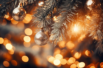 Obraz na płótnie Canvas Close-Up of Tinsel and Garland Amongst Glowing Christmas Tree Branches , Christmas tree branches background, top view Generative AI