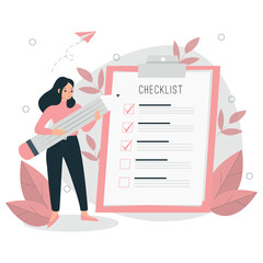 Checklist concept illustration. Positive business woman with a big pencil in hand looking at checklist on clipboard. Successful completion of business tasks. Flat vector illustration.