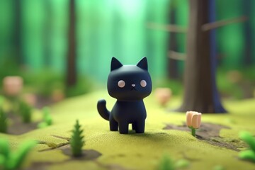 A black cat walking in forest 3D Tiny cute isometric Generative AI. - obrazy, fototapety, plakaty