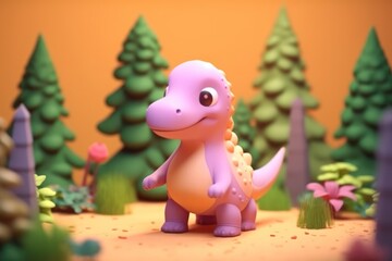 A dinosaur walking in forest 3D Tiny cute isometric Generative AI.