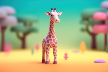 A giraffe walking in forest 3D Tiny cute isometric Generative AI.