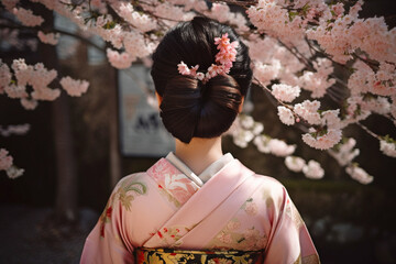 Back view of Asian woman in  traditional Japanese Kimono