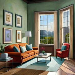 An oil painting depicting a living room with a touch of surrealism. AI generated