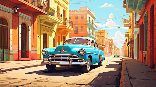 Vibrant illustration of American vintage cars