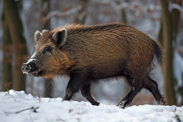 Wild boar running in the winter forest