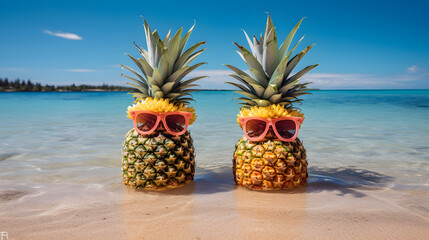 Quirky Image of Two Pineapples with Sunglasses Posing as Unconventional Models on a Sandy Beach. Travel and Vacation Concept.