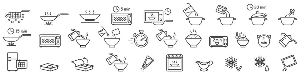 Ready to eat food package line icons. Vector outline illustration with icon - microwave oven, salt shaker, boil, bake, vent tray. Pictogram for semifinished meal prepare instruction. - obrazy, fototapety, plakaty