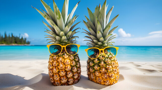 Quirky Image of Two Pineapples with Sunglasses Posing as Unconventional Models on a Sandy Beach. Travel and Vacation Concept.