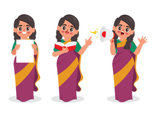 Indian woman pose holding placard, reading a book and talking with megaphone. Young indian woman wearing saree. Business woman cartoon character design.
