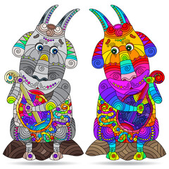 A set of illustrations in the style of stained glass with cute Goats, animals isolated on a white background