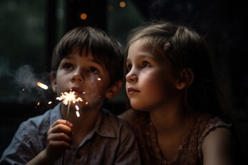 Cute little boy and girl with sparklers on dark background.