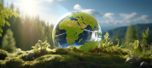 Obraz na płótnie Canvas Global climate protection, environment concept, ecology - Crystal ball earth globe on moss in green forest with sunshine (Generative Ai)