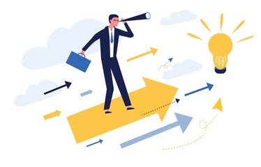 Up. Businessman flying between the arrows. The concept of career development, business, teamwork, teamwork, common goal. Template for landing page, interface, website, homepage, banner, infographic.