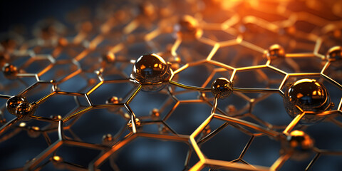 Hexagonal Geometric Form In Abstract Nanotechnology 3d Rendering Depicting Graphene Atomic Structure Background. Polycyclic aromatic hydrocarbons structure. compound structure  - obrazy, fototapety, plakaty