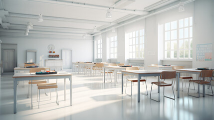 Modern classroom with white floor. High school