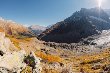 Rocky mountains and glacier. Peak of mountain and glacier. Fish eye view.
