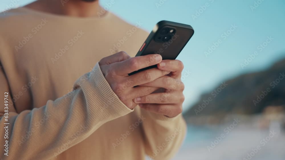 Poster nature, phone and closeup of hands typing a text message on social media, mobile app or website. tec