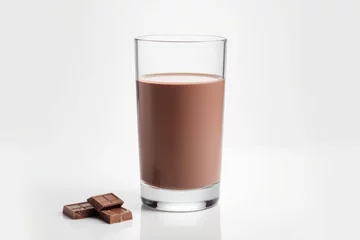 Fotobehang Glass of chocolate milk chocolate chunks isolated on white background © DenisNata