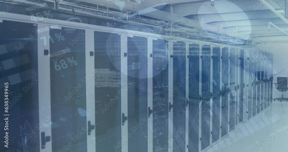 Poster animation of statistical data processing against computer server room
