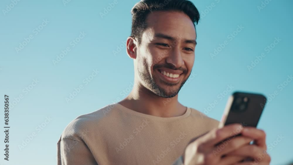 Aufkleber blue sky, phone and young man typing a text message on social media, mobile app or website. technolo