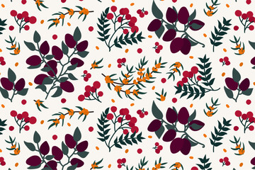 seamless pattern with branches of berries, fruits. Vector pattern with sea buckthorn, plum, mountain ash and leaves