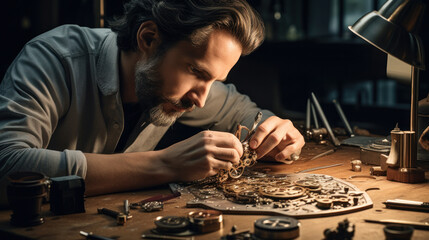 old watchmaker repairing clocks - obrazy, fototapety, plakaty