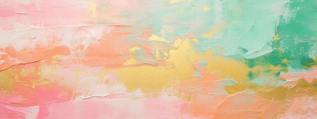 Obraz premium Closeup of abstract rough pink green gold art painting texture, with oil brushstroke, pallet knife paint on canvas (Generative Ai)