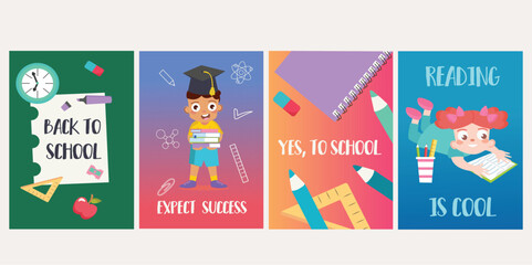 Fototapeta premium Back to school posters in flat design. Modern brochure design with a flat style, highlighting four 'Back to School' offerings of posters. Vector illustration.