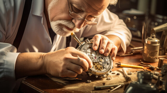 old watchmaker repairing clocks