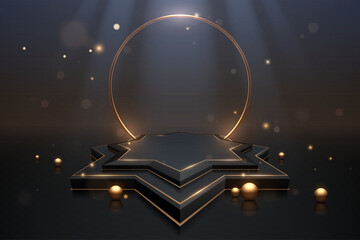 Plakat Black and gold geometric stage with golden ring and light effect