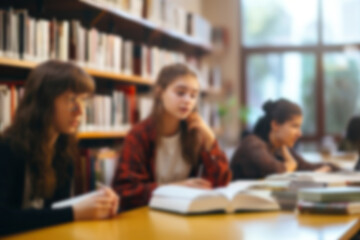 Fototapeta na wymiar Blurred library background with bookshelves. Students study, read books. Generative AI
