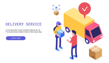 Delivery service concept. A postwoman hands over a box to a satisfied male client with a delivery van in the background. Isometric vector web banner.