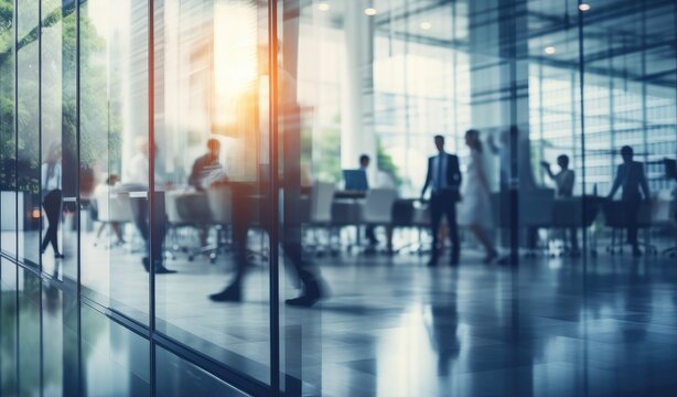 Blurred Image Of Business People Standing And Walking In The Office, Wall With Glass Partitions.