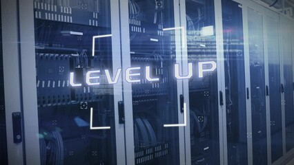Animation of scope scanning over level up text and data processing against computer server room - Powered by Adobe