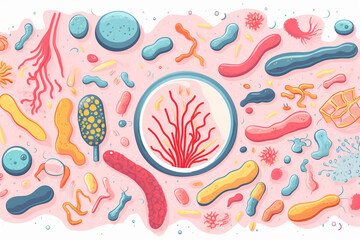 Flat doodle style illustration of gut microbiome, bacterias. magnifying glass