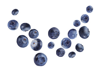 Many ripe blueberries falling on white background