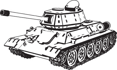 Vector Illustration: Battle Tank Silhouette on White Background, Mighty War Machine: Isolated Tank Vector Illustration