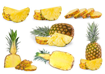 Set with cut and whole pineapples isolated on white