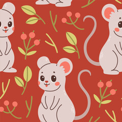 Fall pattern with mouse. Seamless woodland pattern with leaves and cute forest animal on red background