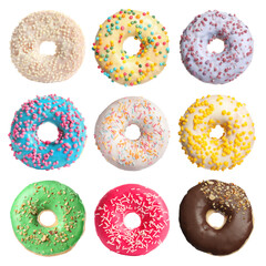 Set with tasty donuts isolated on white