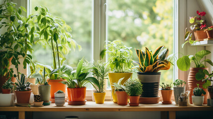 Beautiful houseplants in pots near window indoors