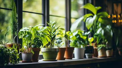 Beautiful houseplants in pots near window indoors
