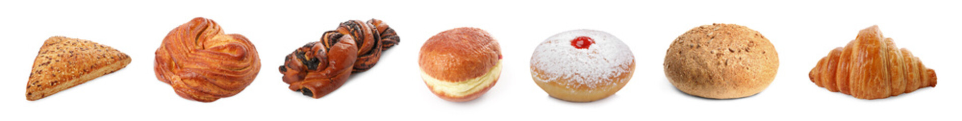 Set with different freshly baked pastries isolated on white